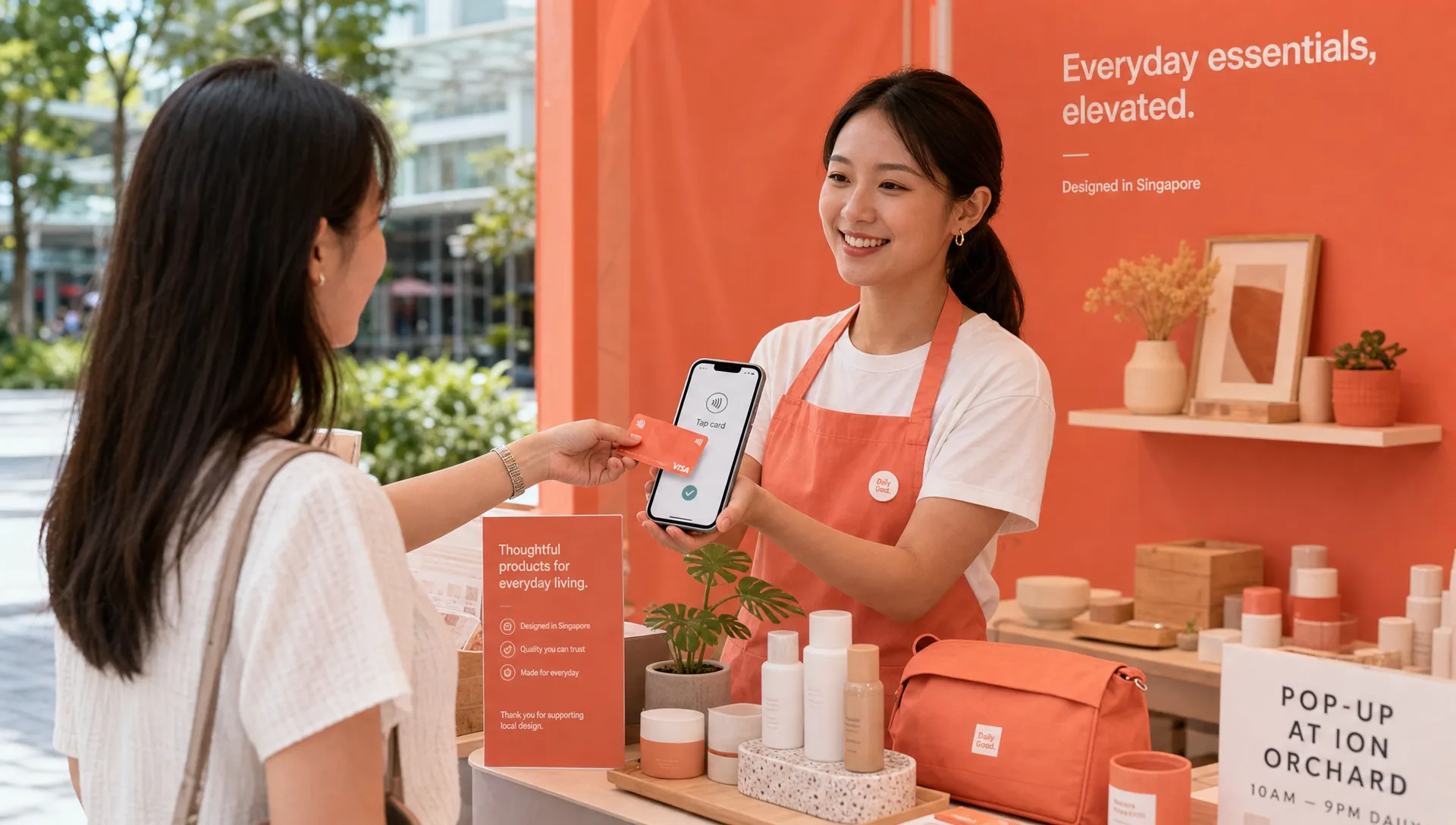 A Singapore pop-up retail stall with a small product display, a merchant holding a smartphone for contactless card payment, and a customer tapping a card on the phone at checkout.