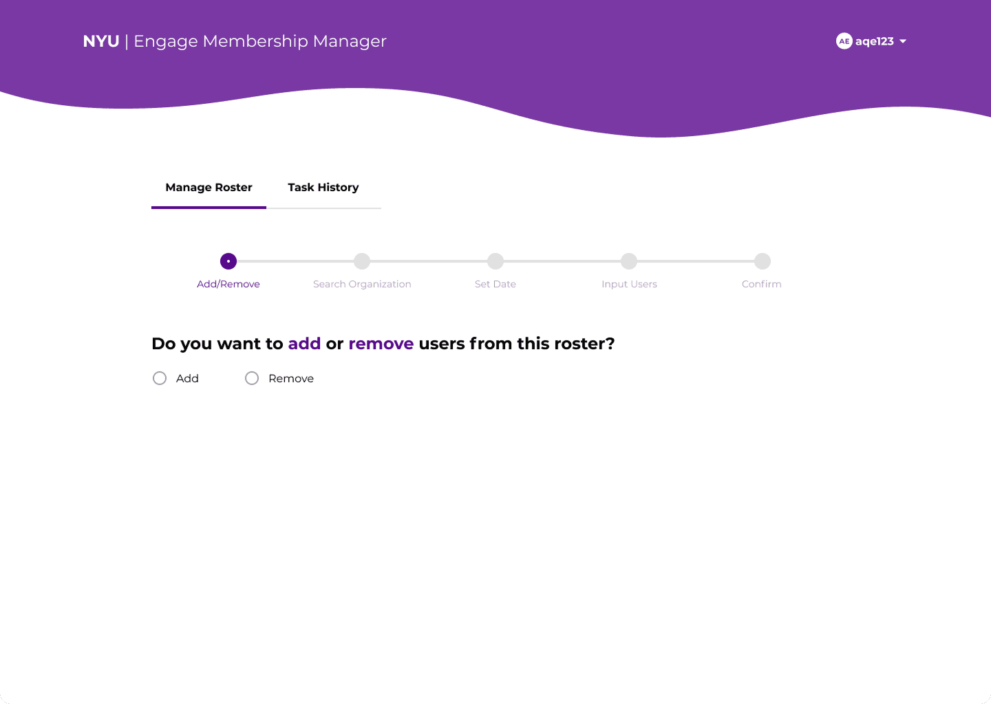 Form prompting user to select add or remove users