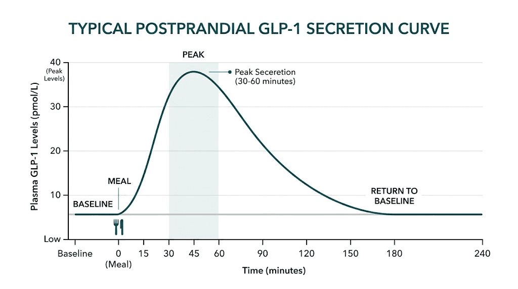 Postprandial GLP-1 secretion timeline graph showing peak and decline after eating
