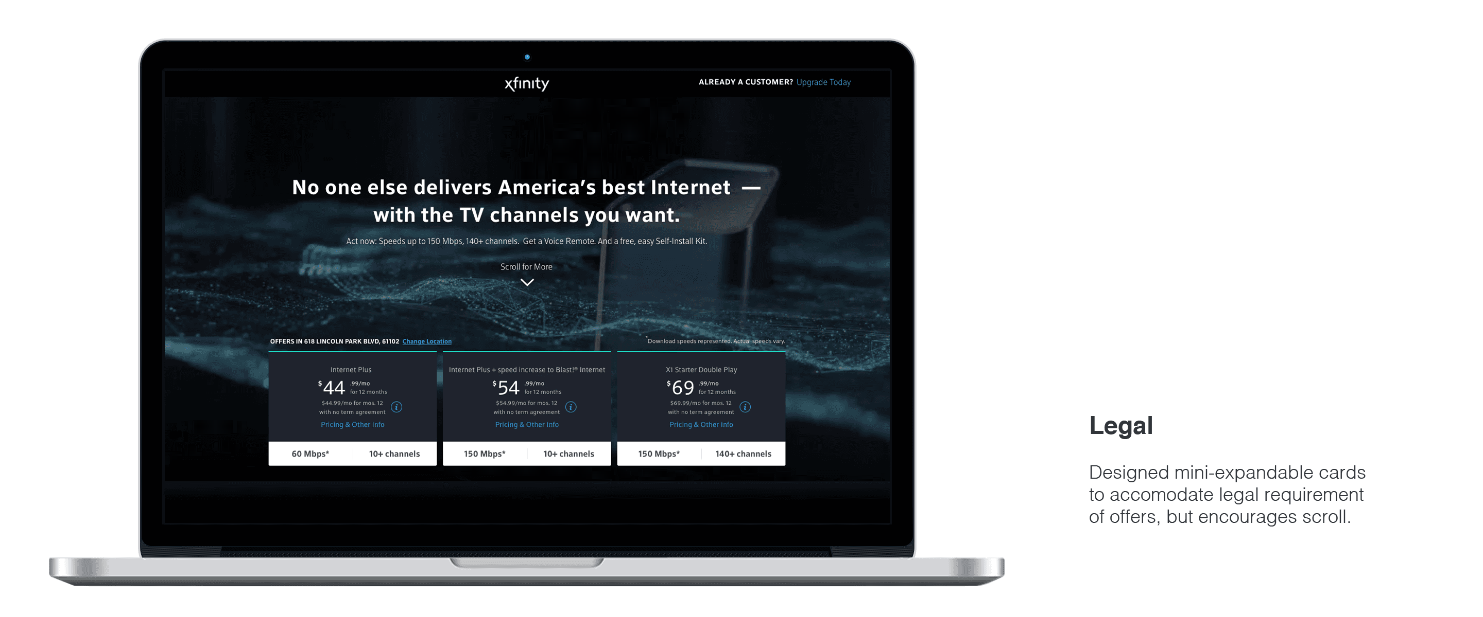 Xfinity gateway in the background with 3 mini offer cards in the forefront.