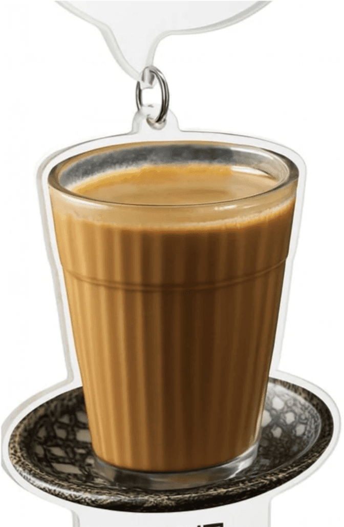 Close-up of a cutting chai glass filled with tea printed on acrylic, attached to a movable silver part.