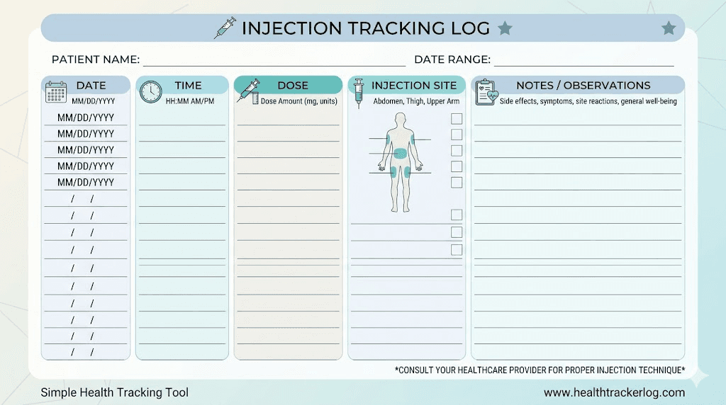 Tirzepatide injection tracking log template for dose timing management