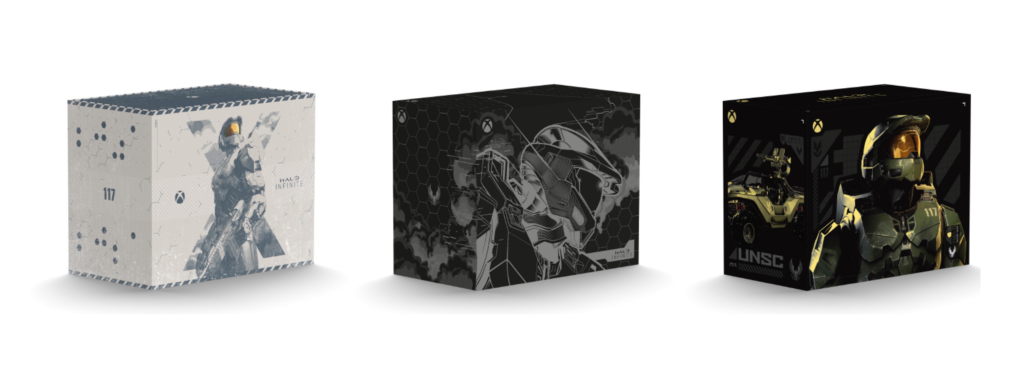 Three graphic boxes featuring master chief in different art styles