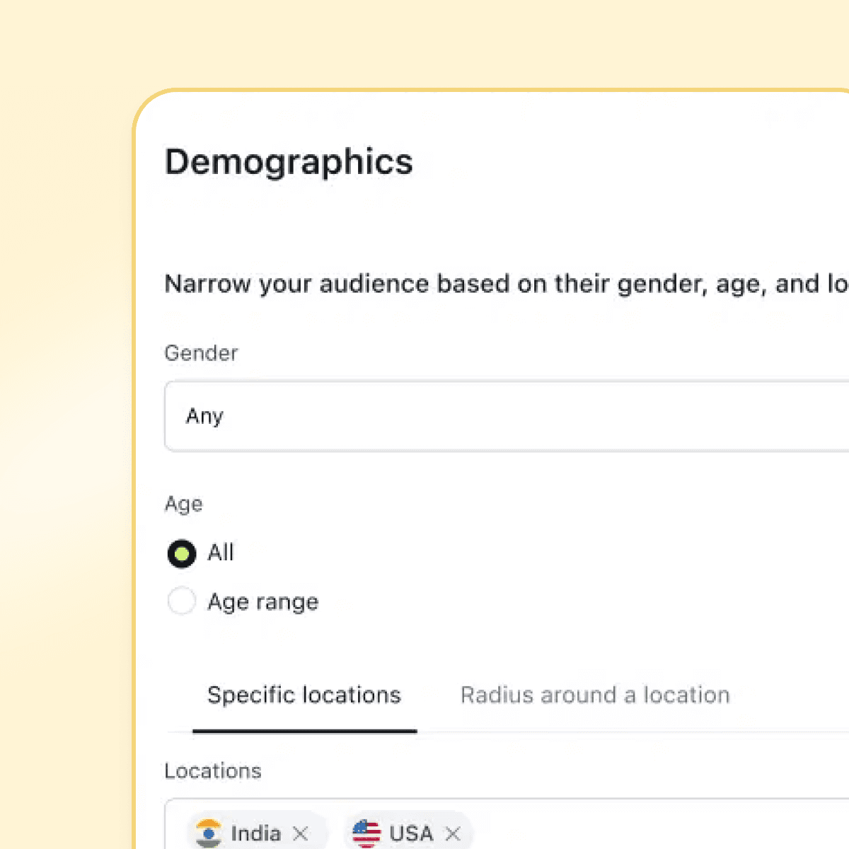 Campaign demographics interface with gender, age, and location filters for India and USA