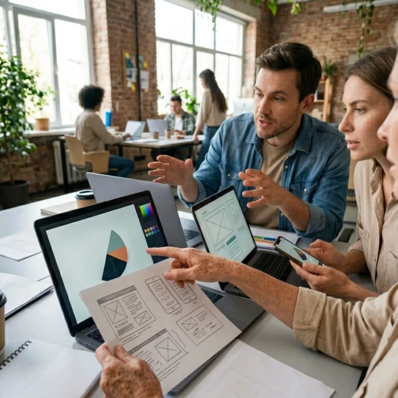 Équipe de consultants en atelier collaboratif sélectionnant des visuels et des plans sur une grande table de travail, illustrant notre expertise en Stratégie / positionnement de marque et signature unique pour aligner vos messages et votre image.