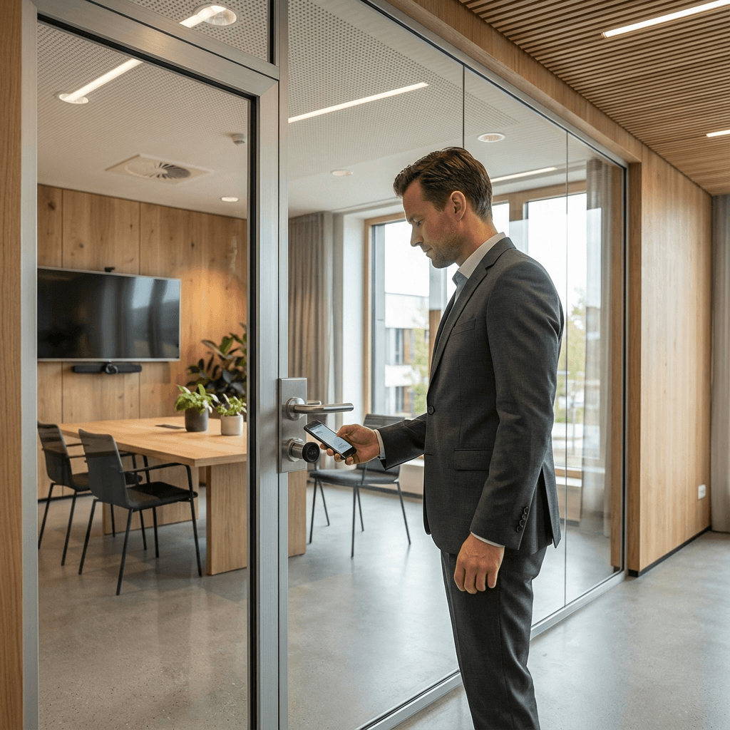 Ein Mann öffnet die Tür zum Meetingraum mit iLOQ Smartlock per Smartphone
