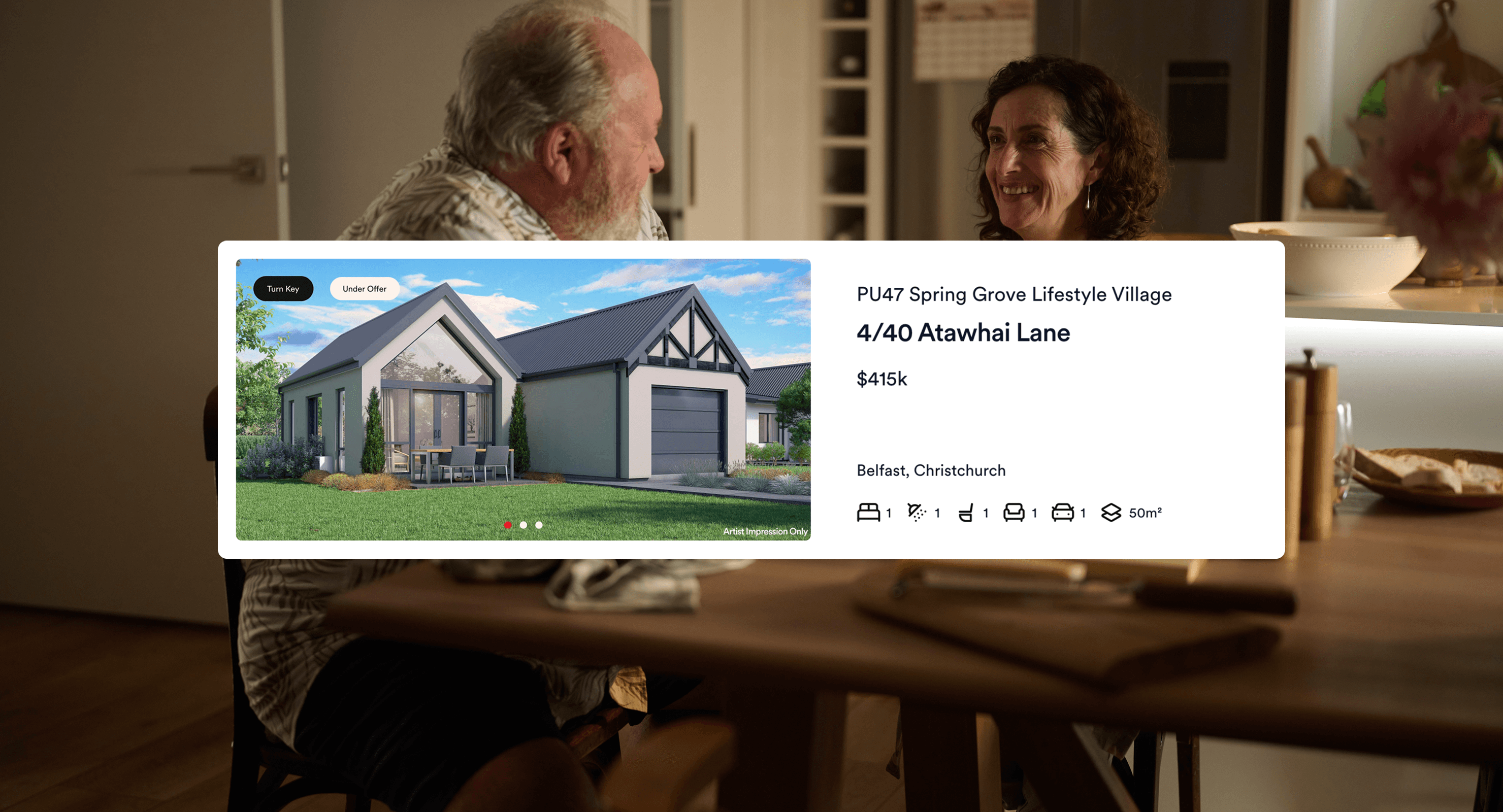Image showing a Property ui element card for Mike Greer Homes with an image of an older couple in the background