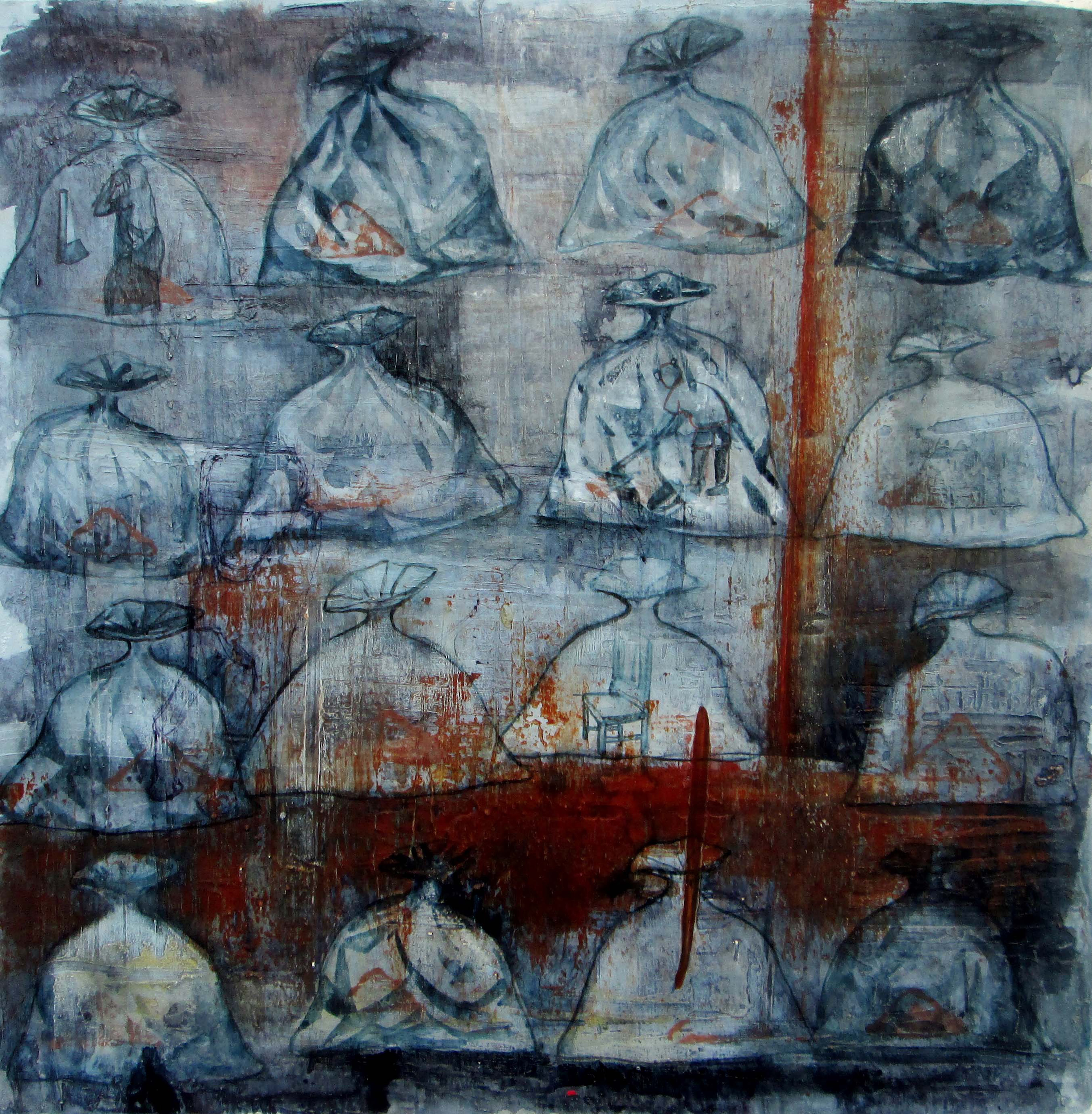 herd of sheep on road painting