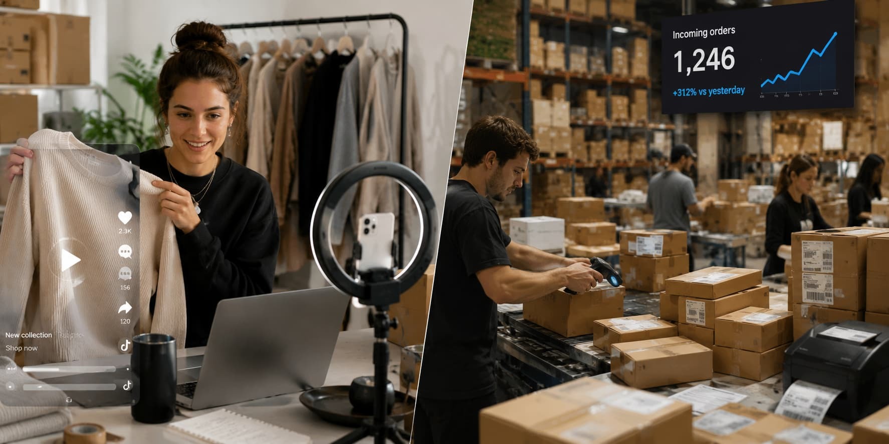 Split-screen image showing an ecommerce entrepreneur creating product content on one side and a busy warehouse processing a surge of orders on the other, illustrating growth from marketing to fulfillment.