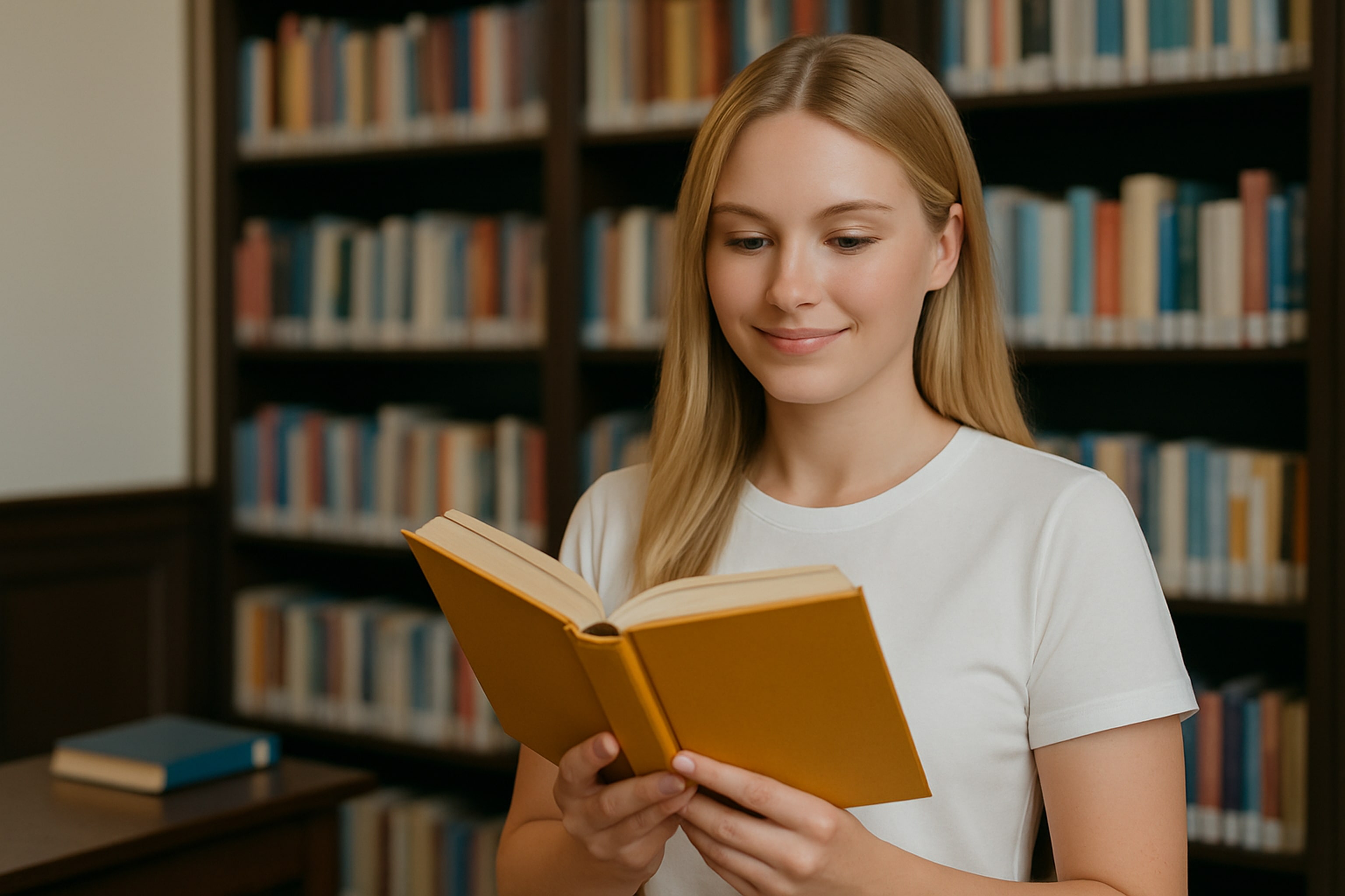 Smiling young woman in a white t-shirt reading a book in a library, symbolizing learning, confidence, and improving English grammar skills.