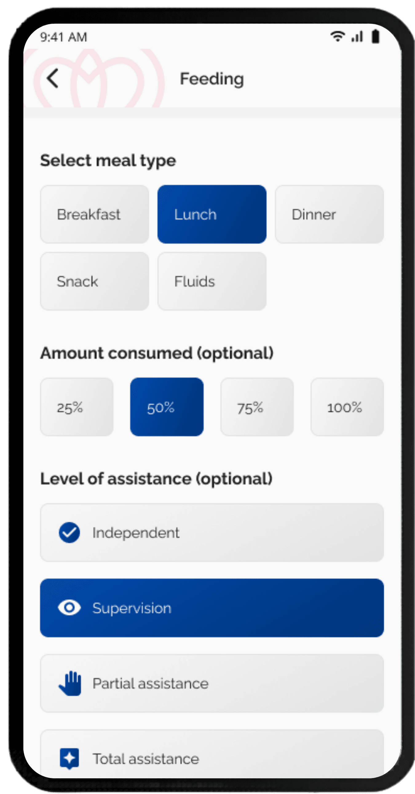 Carespondence app showing the Feeding care log entry screen with options to select meal type, amount consumed, and level of assistance ranging from independent to total assistance.