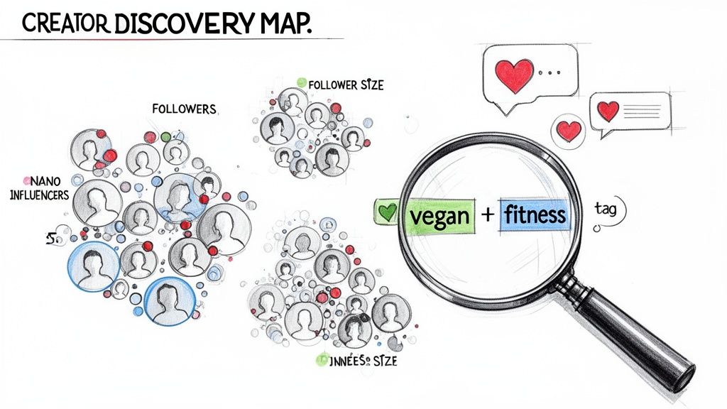 An influencer marketing map illustrating creator discovery, follower size, and niche targeting like vegan fitness.
