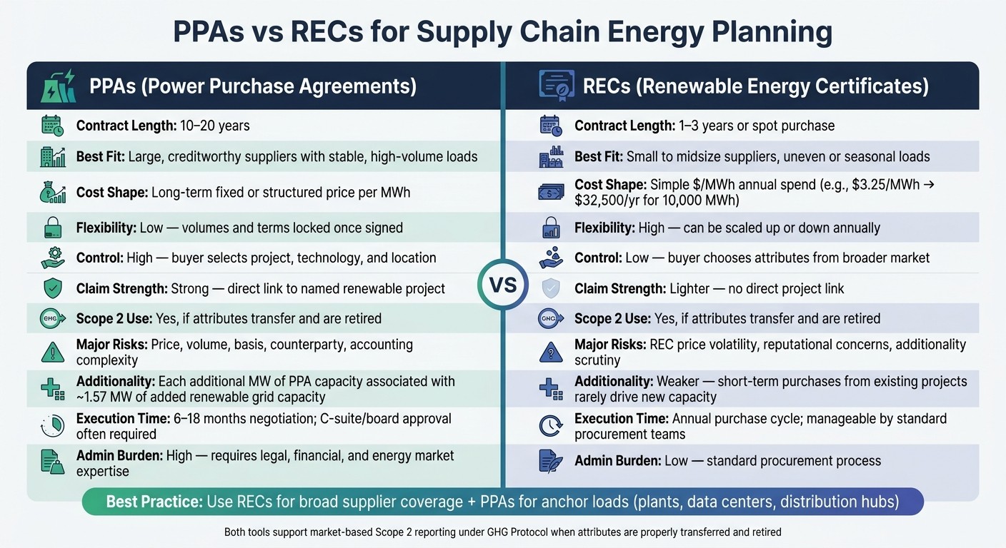 PPAs vs RECs for Supply Chain Energy Planning: Side-by-Side Comparison