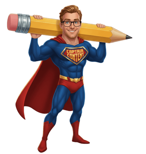 Captain Content, Dorian Barker's brand mascot, holding a giant pencil
