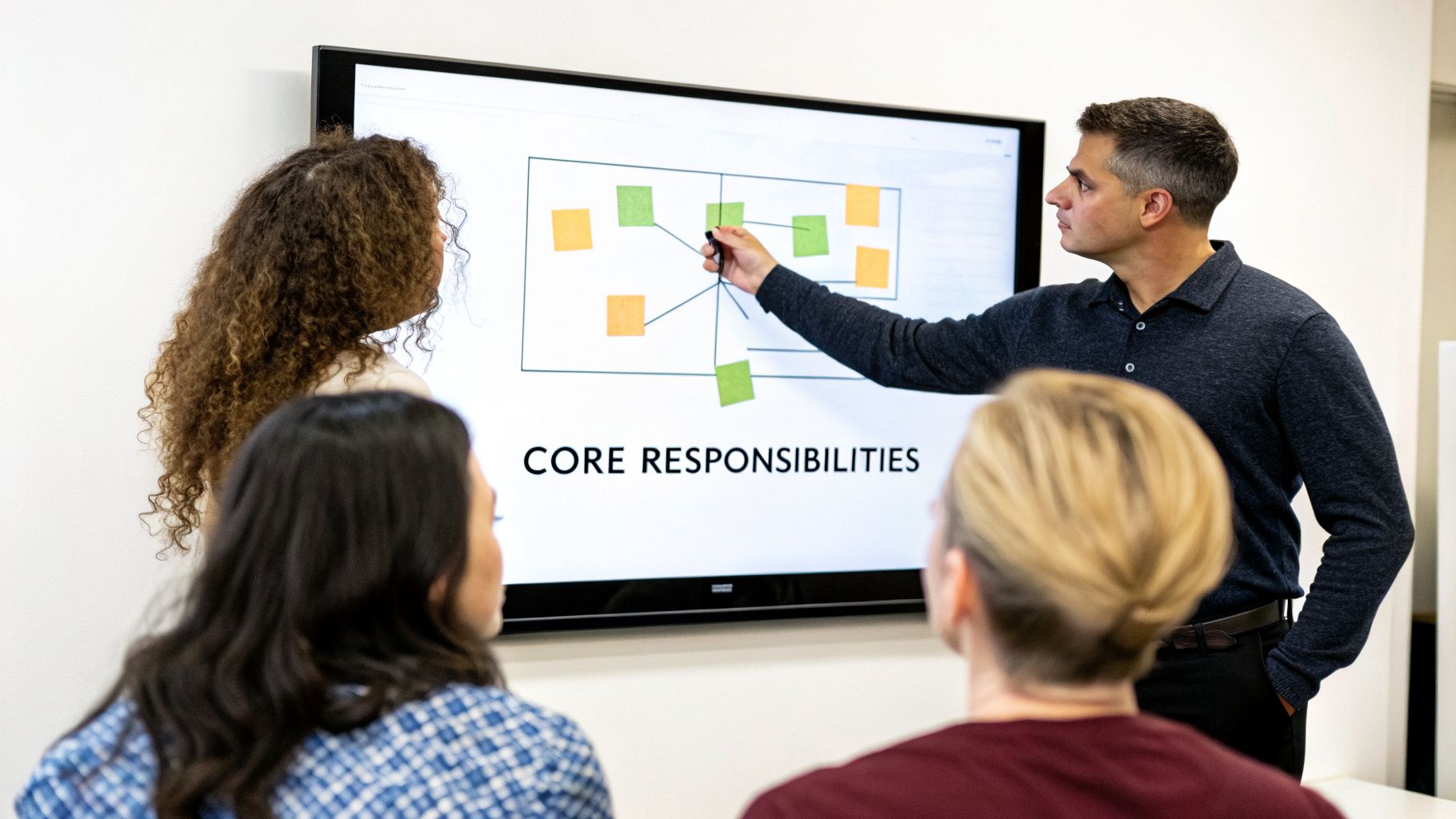 A man points to a 'Core Responsibilities' diagram on a screen during a business meeting.