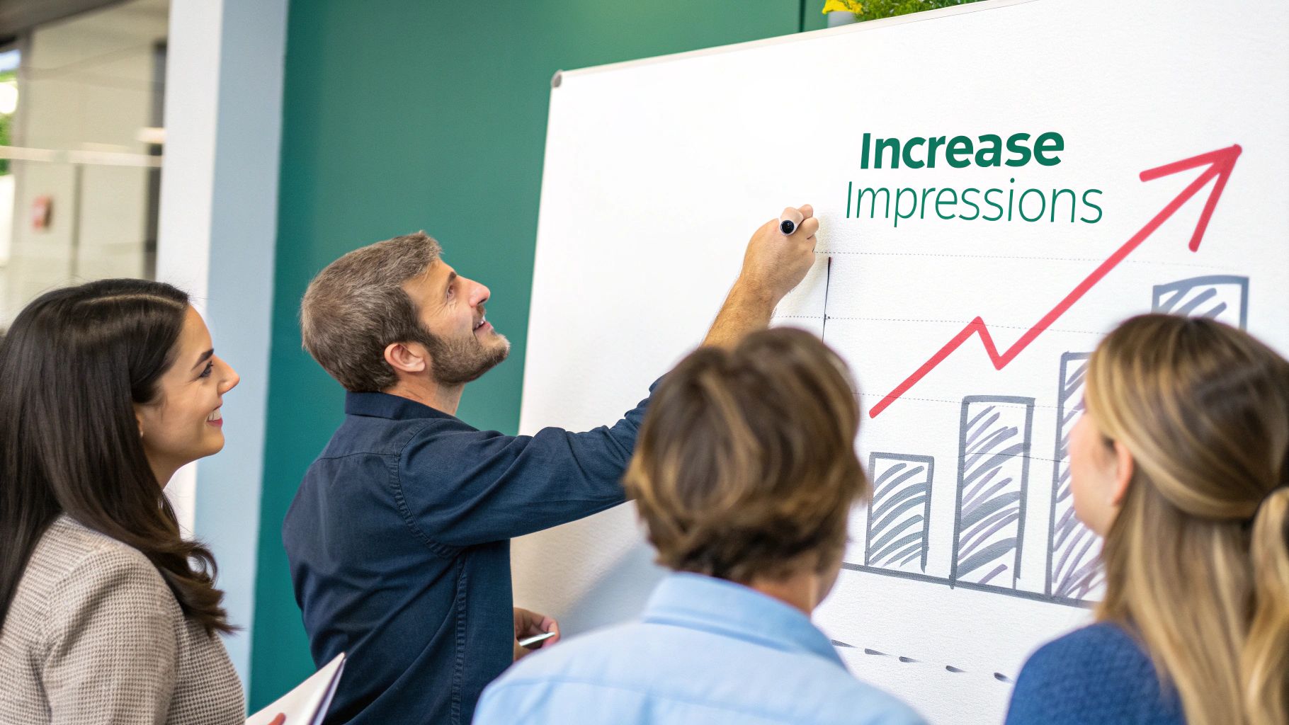A person at a desk strategically planning their LinkedIn content on a laptop, with charts and graphs in the background.