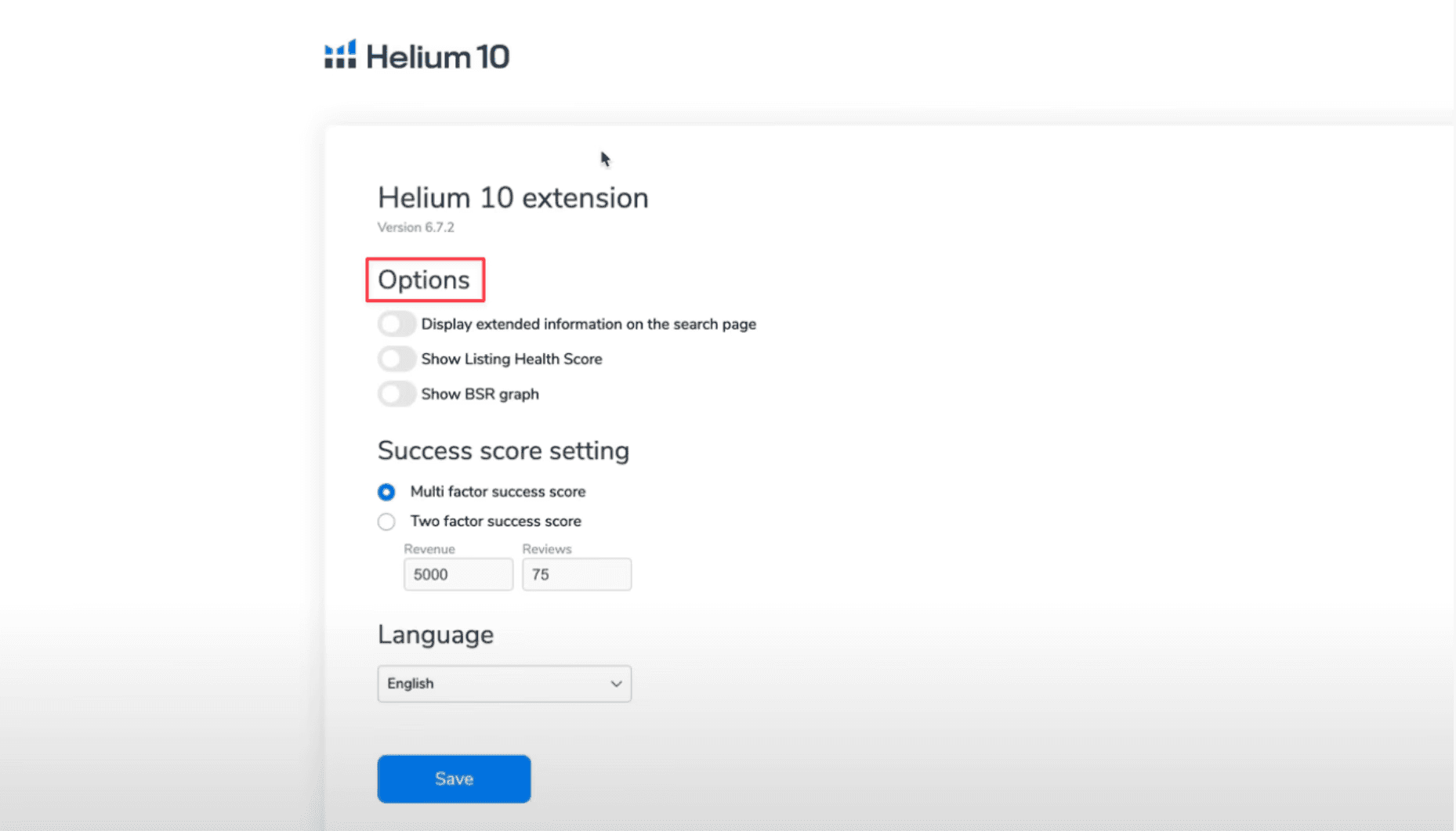 Réglages des Options de l'extension helium 10