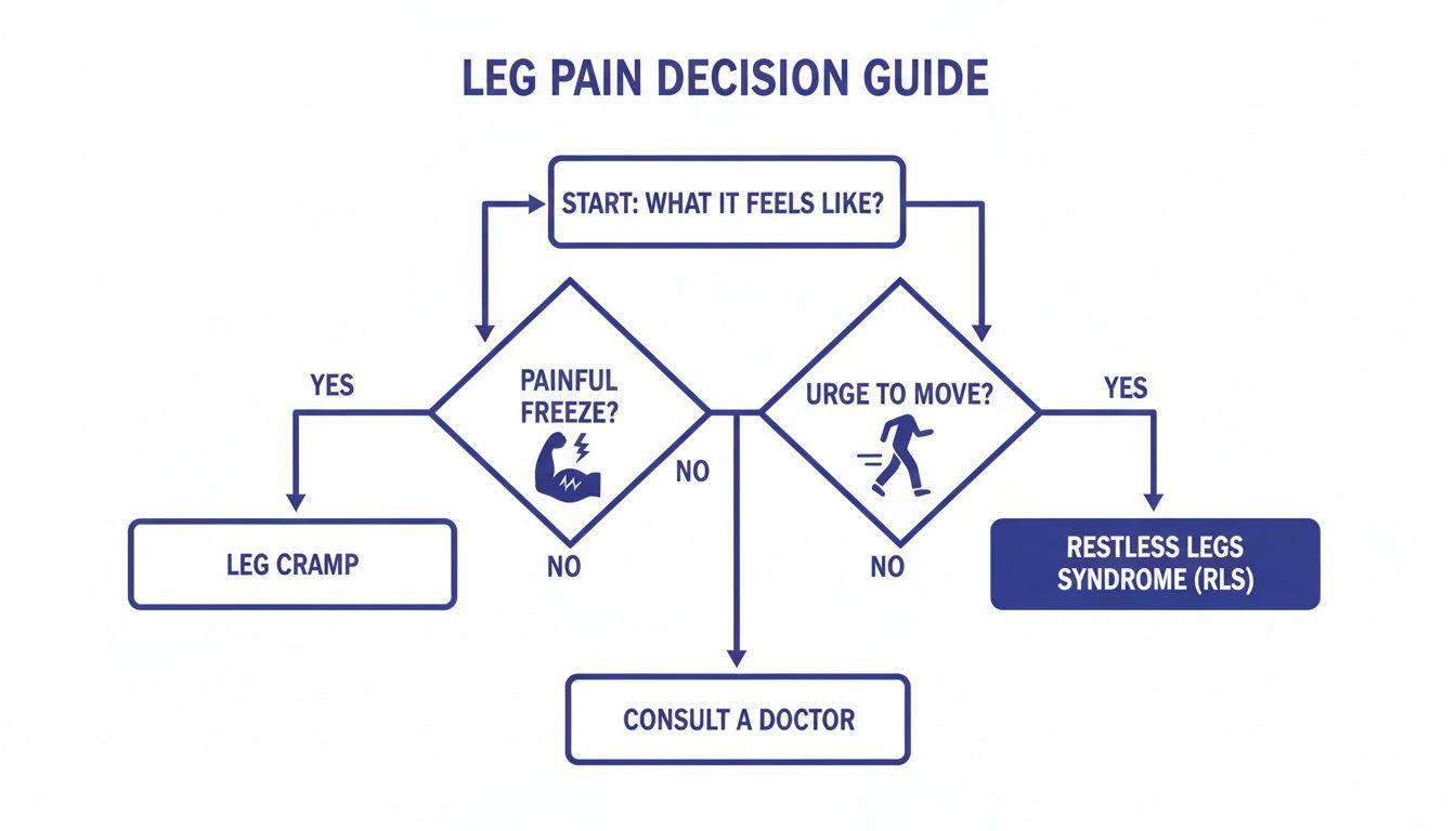 A flowchart titled 'Leg Pain Decision Guide' illustrating pathways for diagnosing leg pain symptoms.