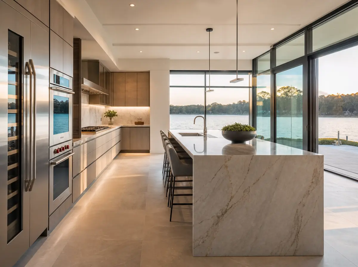 Sleek modern kitchen featuring a large marble waterfall island, high-end stainless steel appliances, and floor-to-ceiling windows with panoramic waterfront views