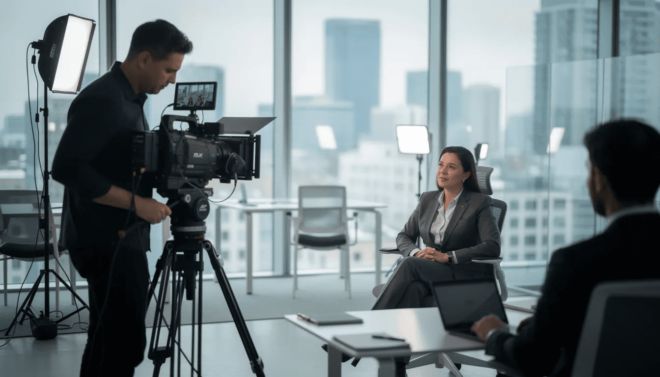 Un vidéaste professionnel filme une interview dans un bureau moderne, mettant en avant son matériel de qualité et son savoir-faire. L'ambiance est dynamique, reflétant l'univers d'une entreprise en pleine activité.