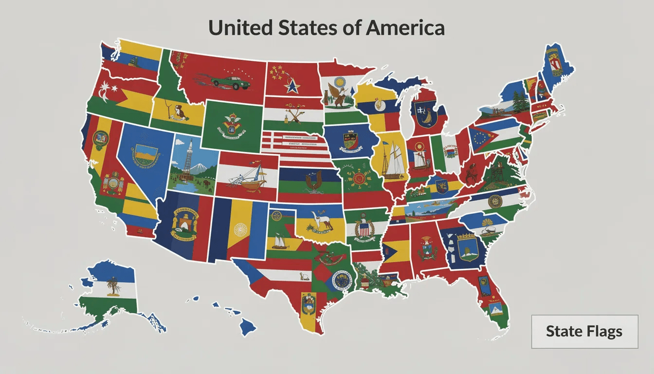 The image features a colorful map of the United States adorned with various state flags, representing the diversity of each region. This visual could symbolize the different income tax laws and filing requirements that vary across states, reflecting the complexities of tax obligations such as those related to irrevocable trusts and income tax returns.