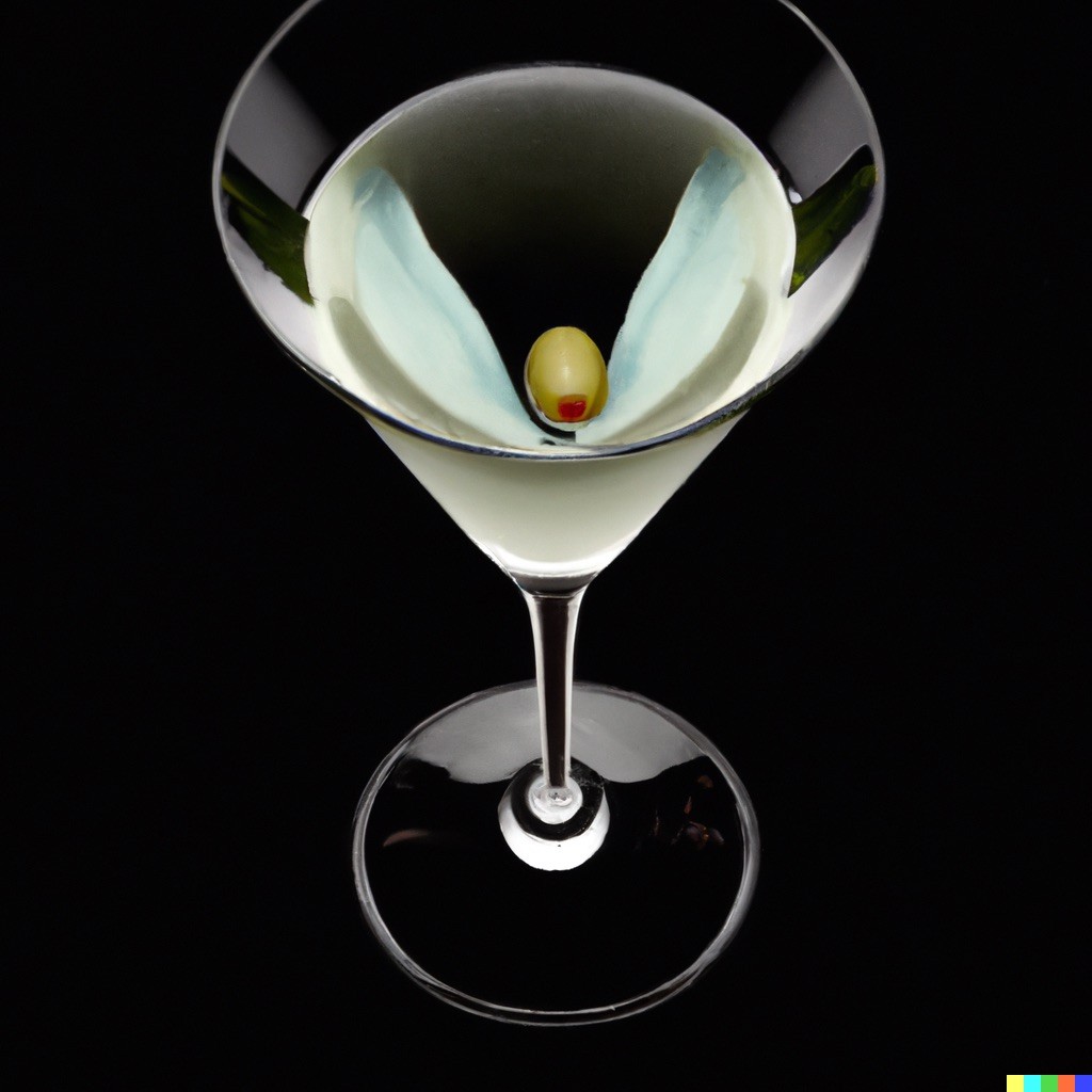 A classic martini glass displays a chilled drink garnished with a green olive, set against a black background.