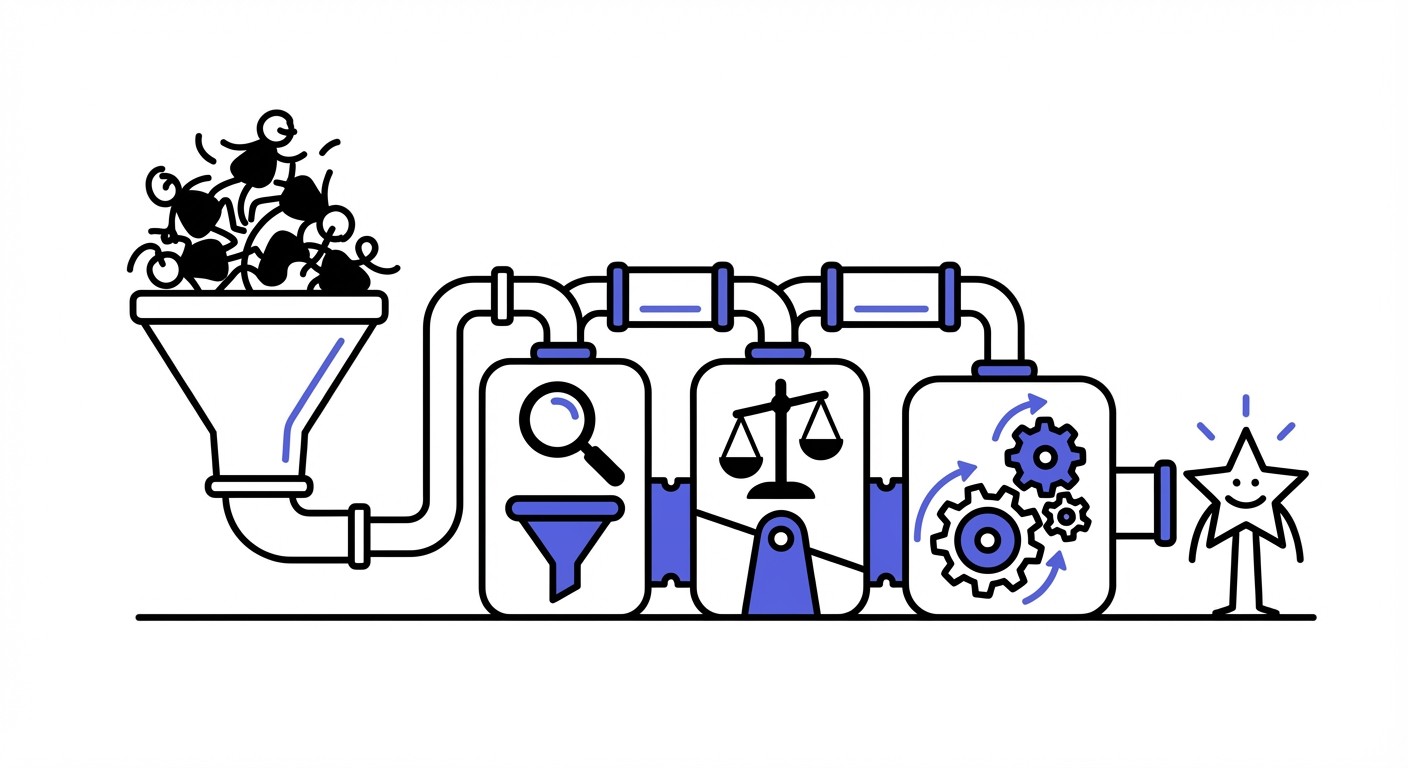 A hand-drawn diagram showing a lifecycle machine that converts raw, chaotic inputs into refined customer outcomes through a series of logical, interconnected stages.