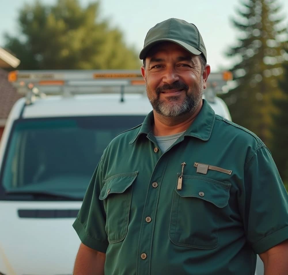 Portrait d'un électricien souriant portant une casquette, debout devant sa fourgonnette de service.