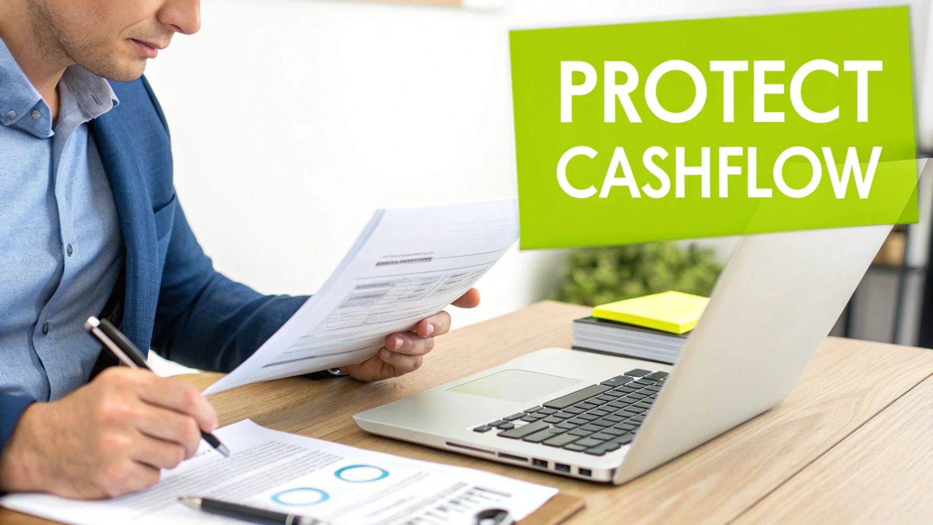 A man works at a desk, reviewing documents and writing, with a laptop and a 'PROTECT CASHFLOW' banner.