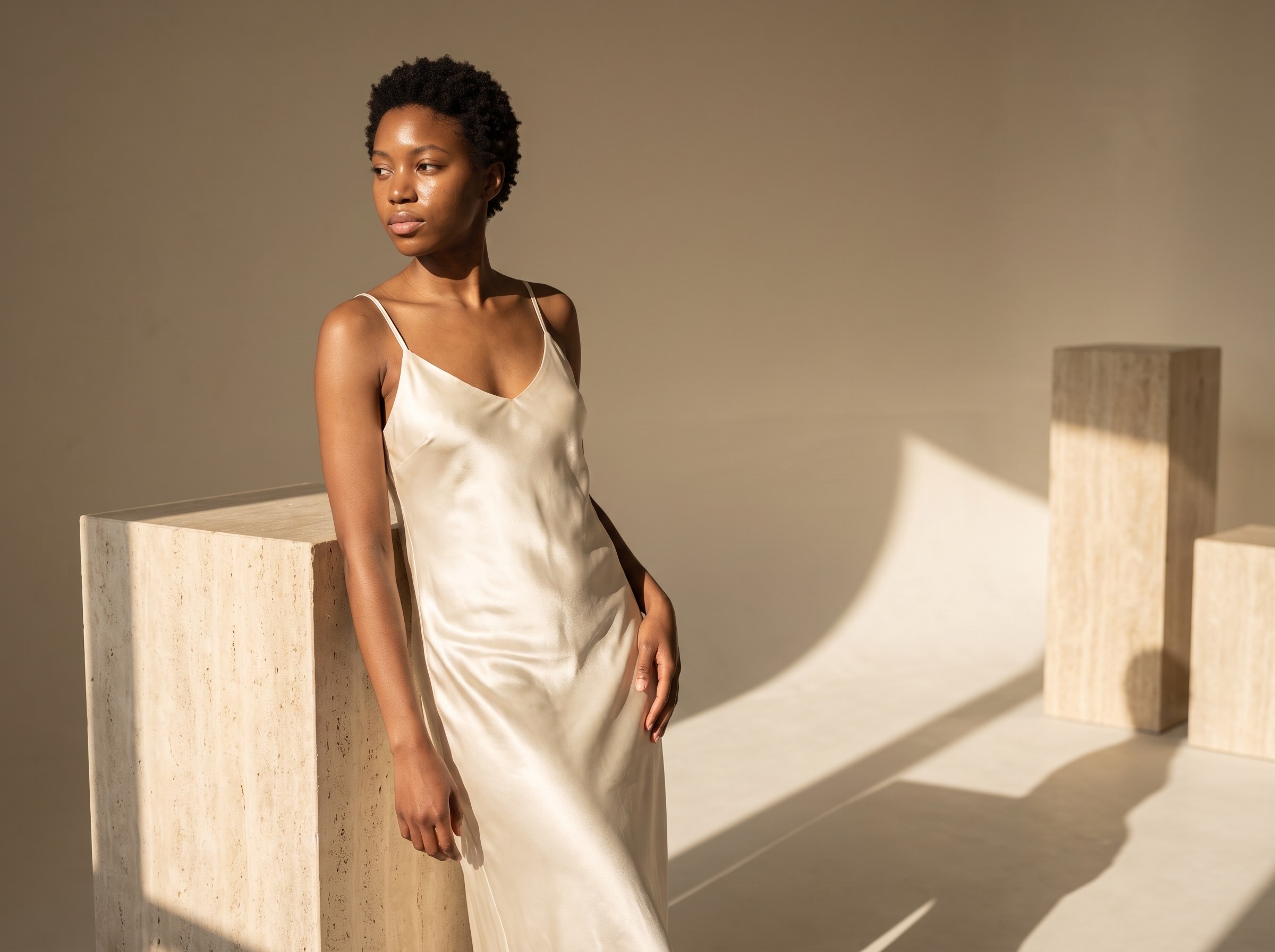 AI model in cream silk slip dress beside travertine plinth