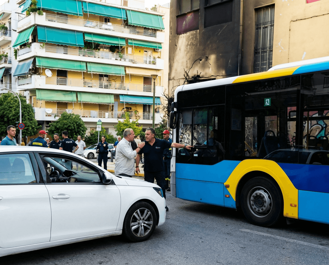 Tense street scene in Zografou with a bus and car as two drivers argue