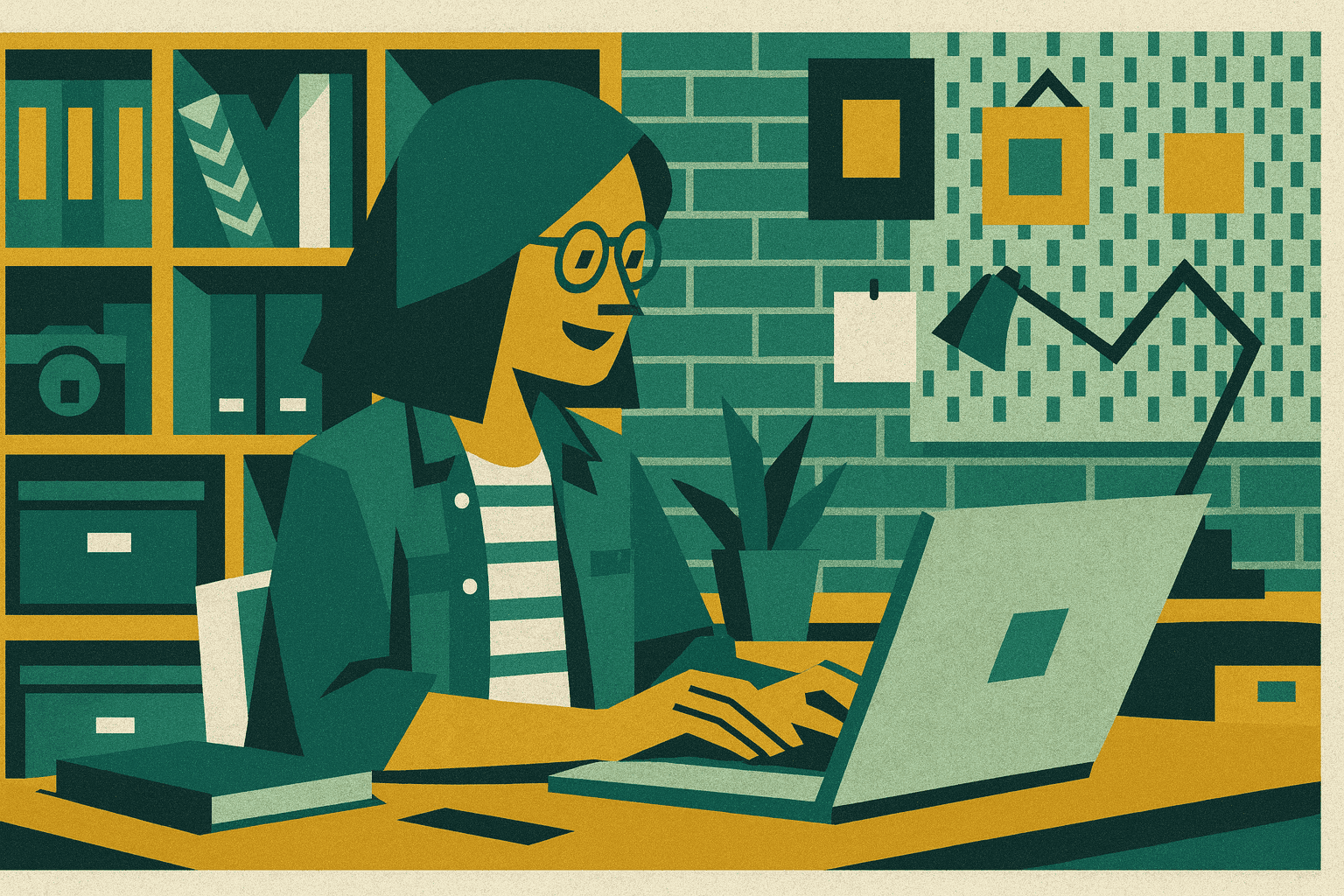 Donna sorridente con occhiali che lavora al laptop durante una sessione di coaching online, seduta a una scrivania in un ufficio moderno con mattoni a vista, scaffali e piante sullo sfondo.