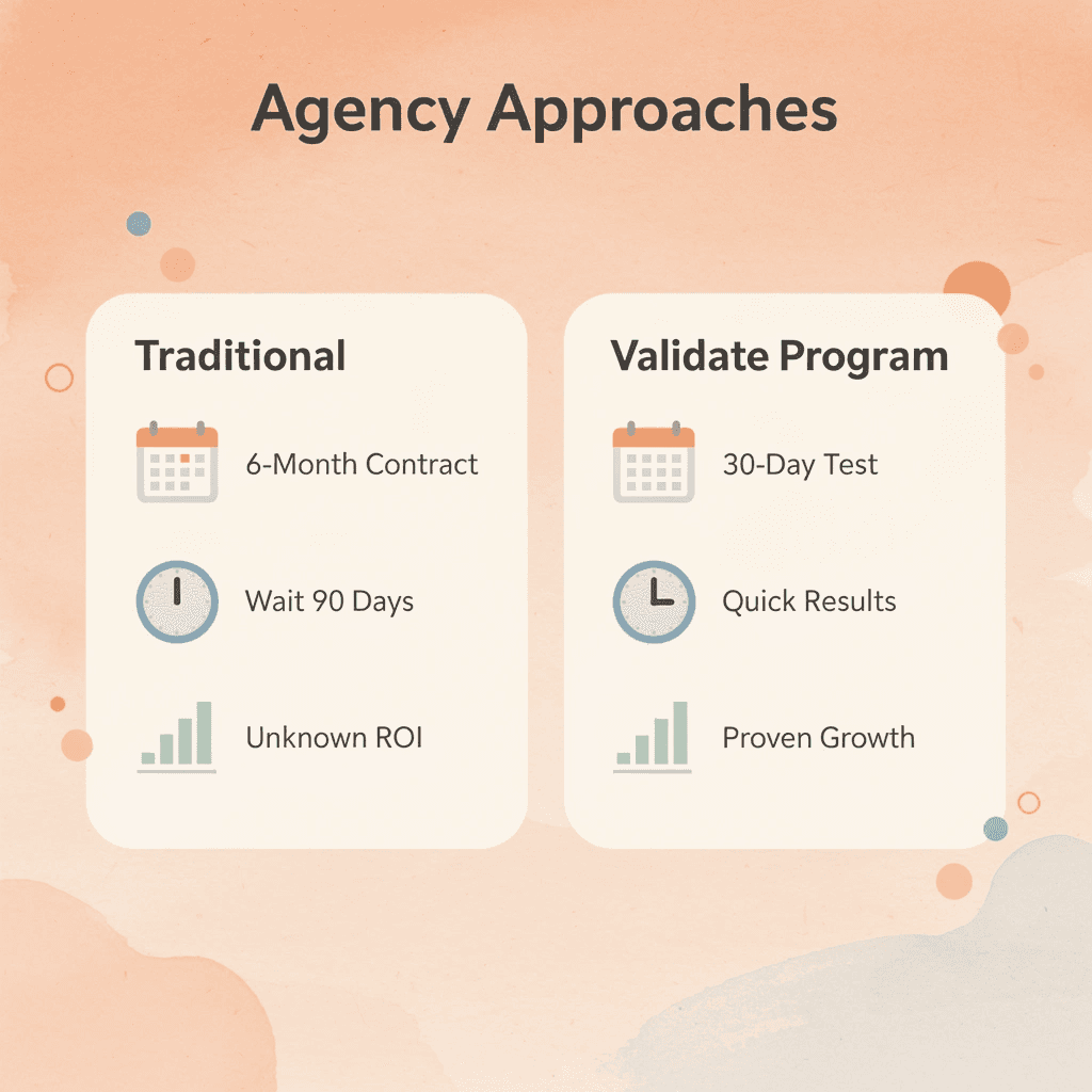 Comparison between traditional agency contracts and validation program approach - SEO Services Agency