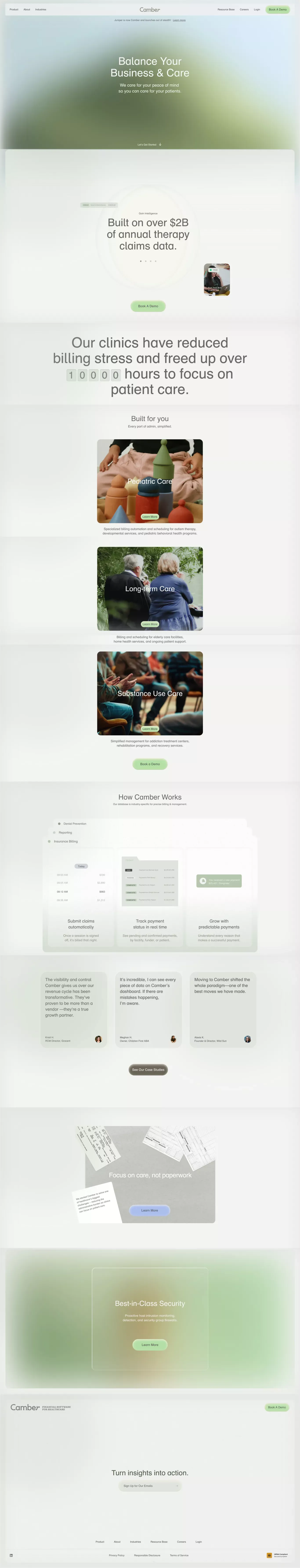 Camber: Healthcare RCM & AI Medical Bill landing page screenshot showcasing Medical and Tech design