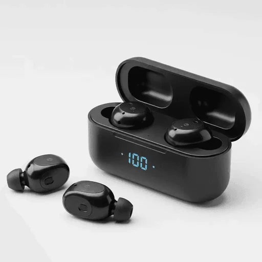 Image of a pair of Xiaomi A520 TWS Bluetooth earbuds, featuring a modern design with ear hooks for secure fit and glossy black finish. The earbuds are placed inside an open charging case, which has a digital battery level display showing '100'. Soft lighting reflects off the earbuds and case, set against a white or light background. E-commerce product photography style for consumer electronics.