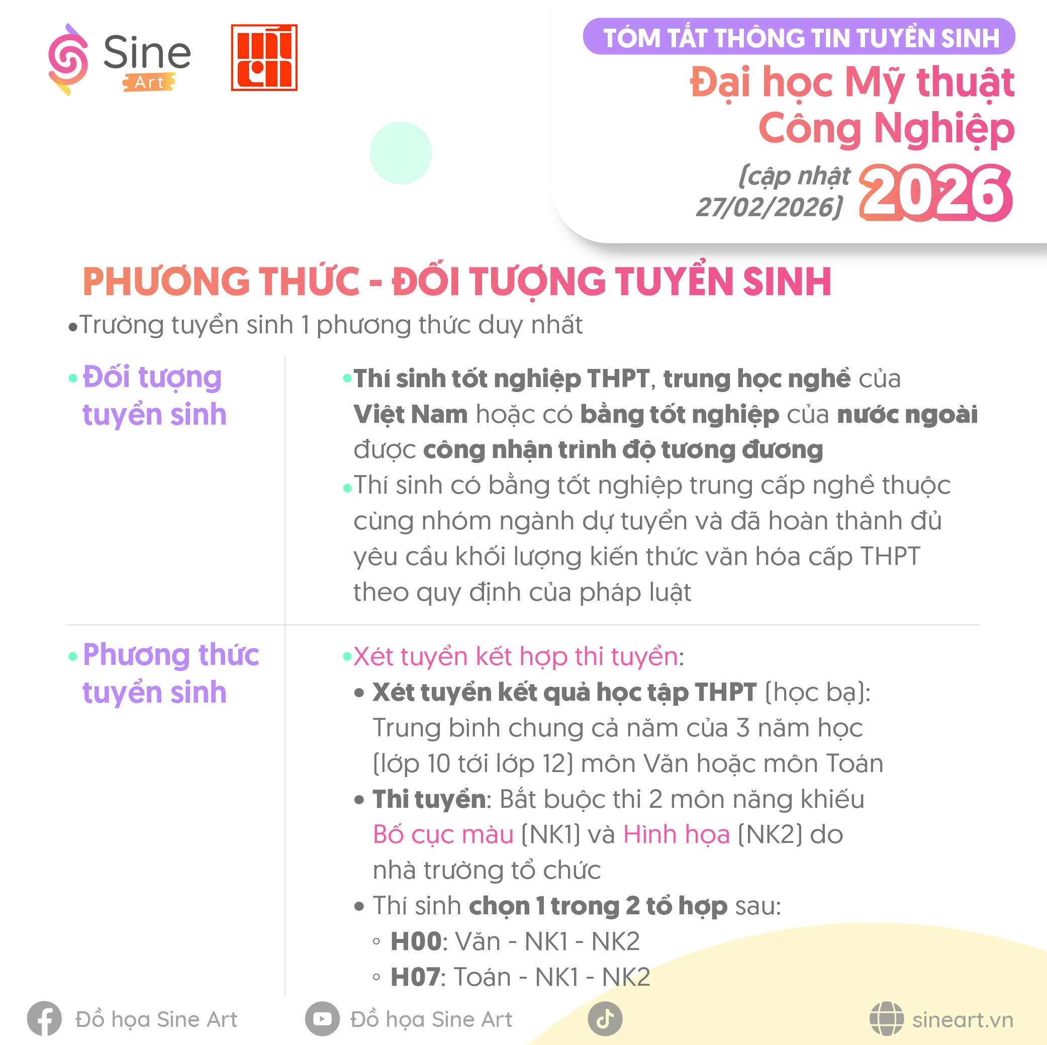 Tóm tắt thông tin tuyển sinh của trường Mỹ thuật Công Nghiệp năm 2026 (cập nhật 26/03/2026)