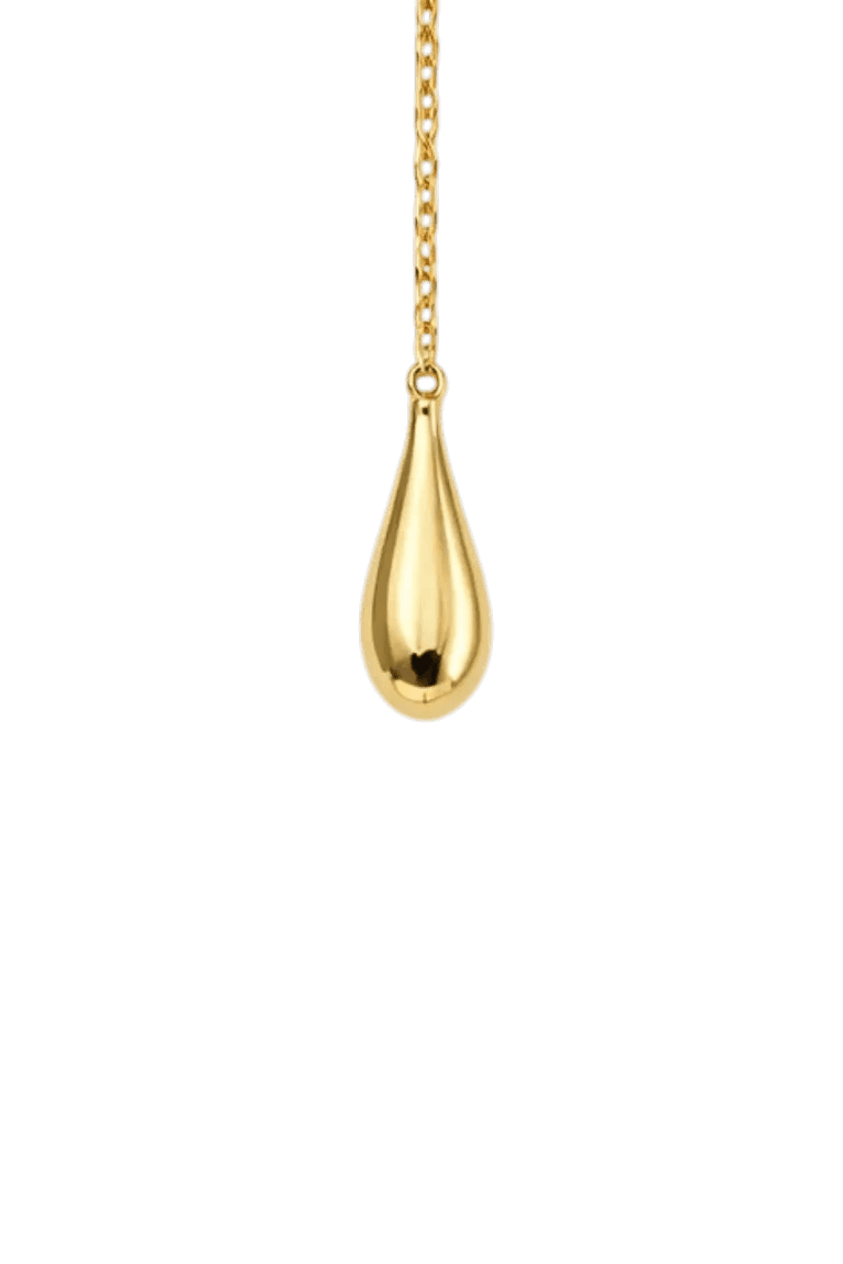 Gold teardrop pendant on a chain against a white background