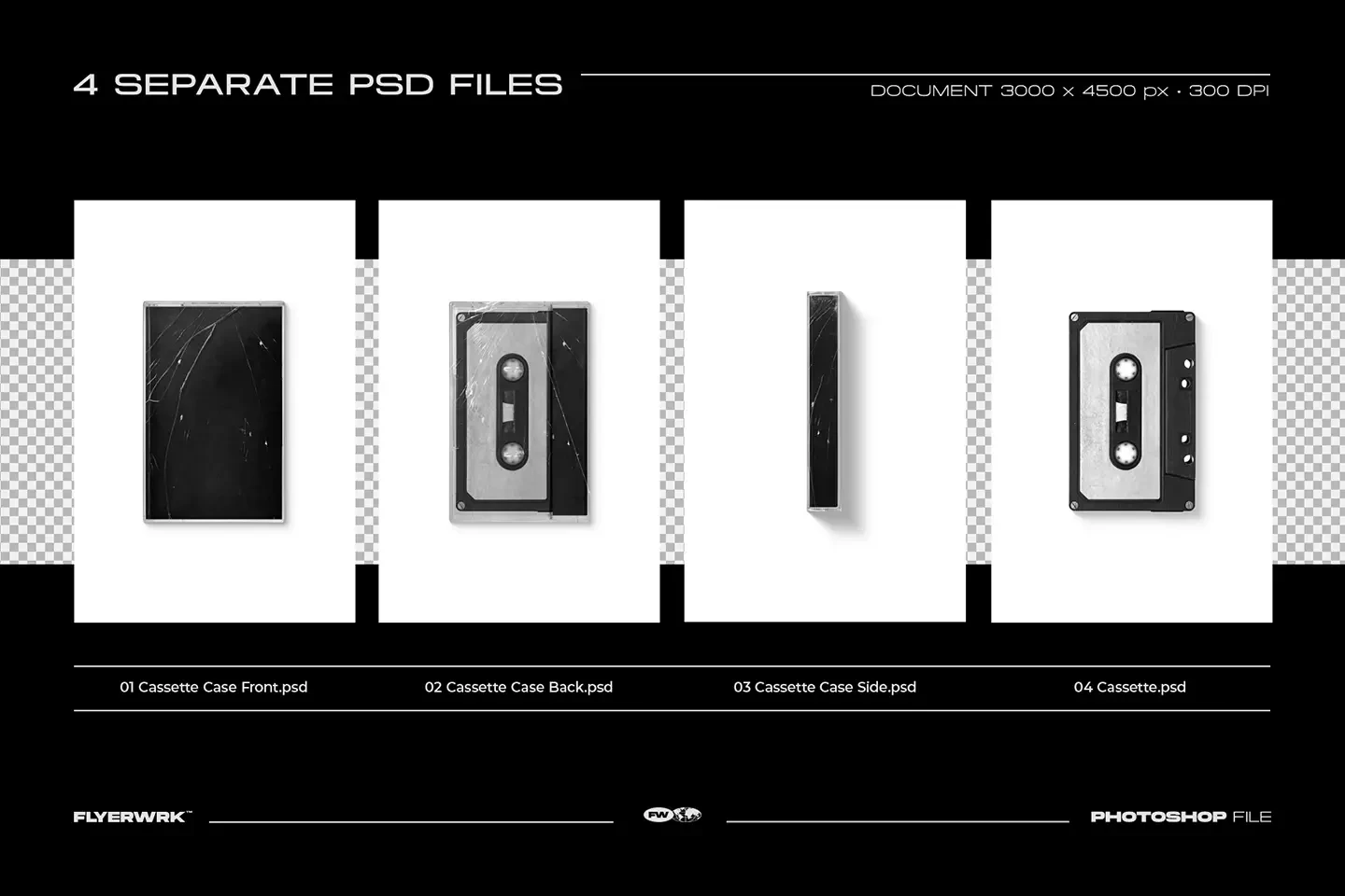 Overview of the four separate high-resolution PSD files included in the Cassette Case Mockup 03.
