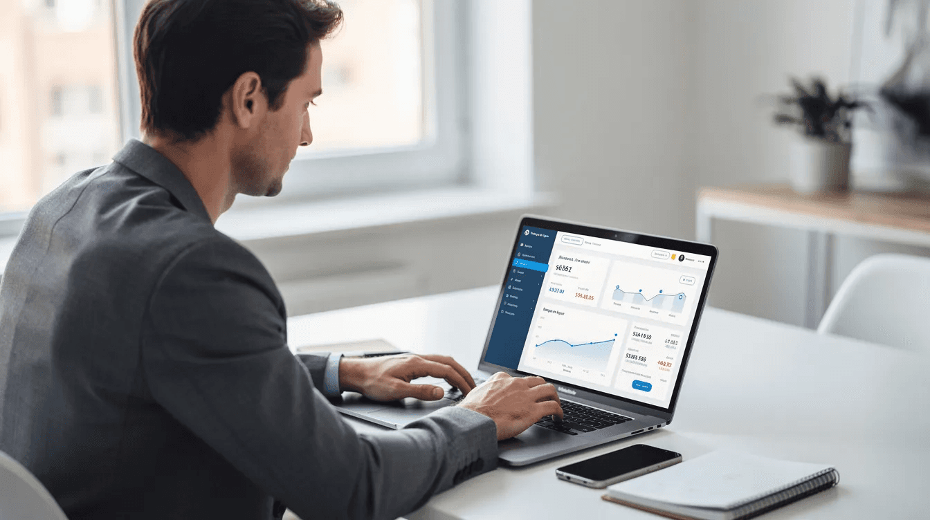 Un entrepreneur est assis devant un ordinateur portable, utilisant une application bancaire moderne pour gérer ses opérations financières. L'image reflète une atmosphère de travail dynamique, illustrant l'importance des services bancaires en ligne pour les entreprises en Irlande.