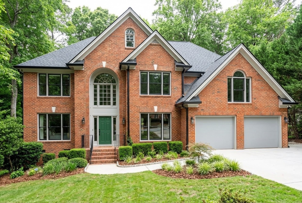 1990s brick house modernized — shutters removed, forest green front door, minimal modern look