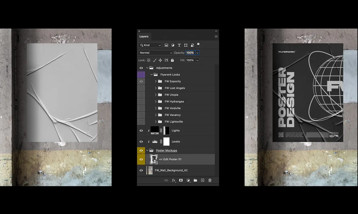 Urban poster wall mockup smart object editing shown inside Photoshop layers panel