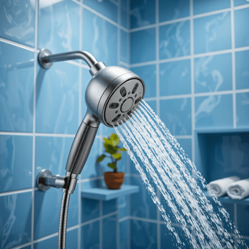 product photography of a handheld showerhead
