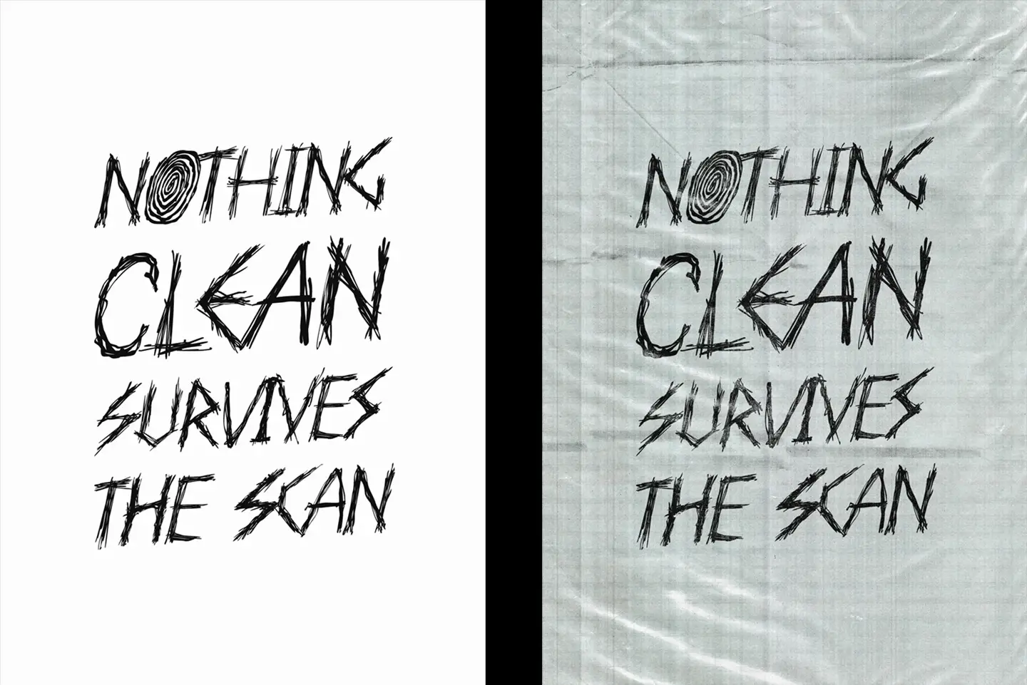 Raw Scan Archive textures applied to bold typography showing realistic scanned distortion and paper grain