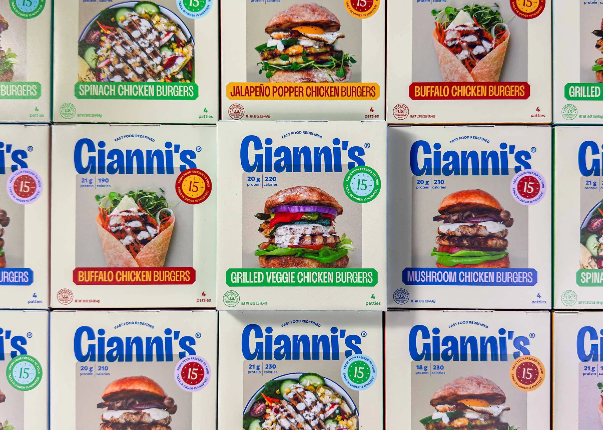 Gianni’s chicken burger packaging featuring colorful illustrated burger varieties