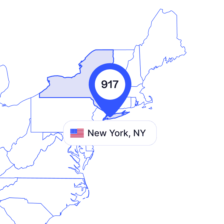 US map of 917 area code phone numbers and its coverage region
