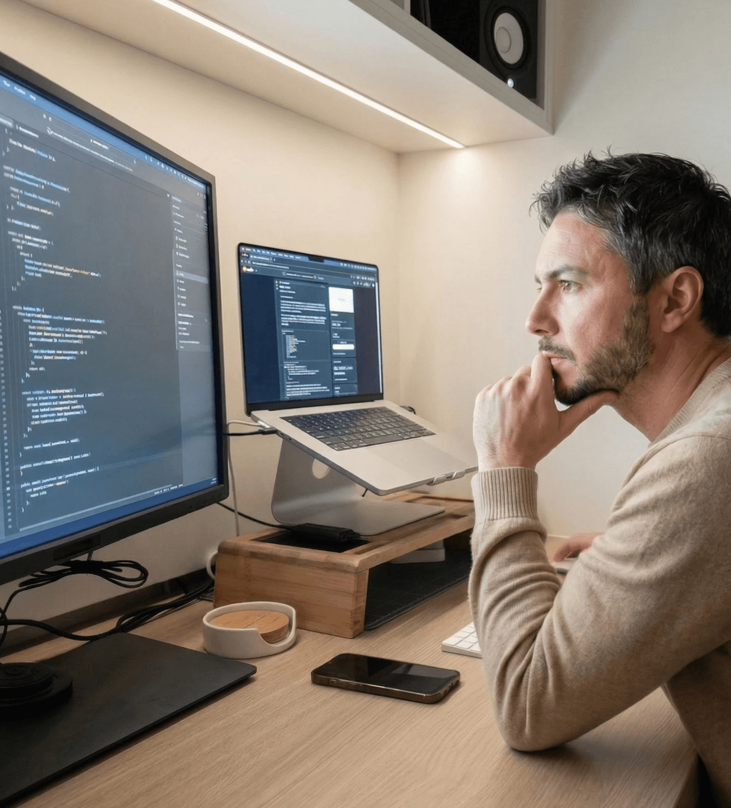 Man focused on coding at dual monitors in a home office setting.