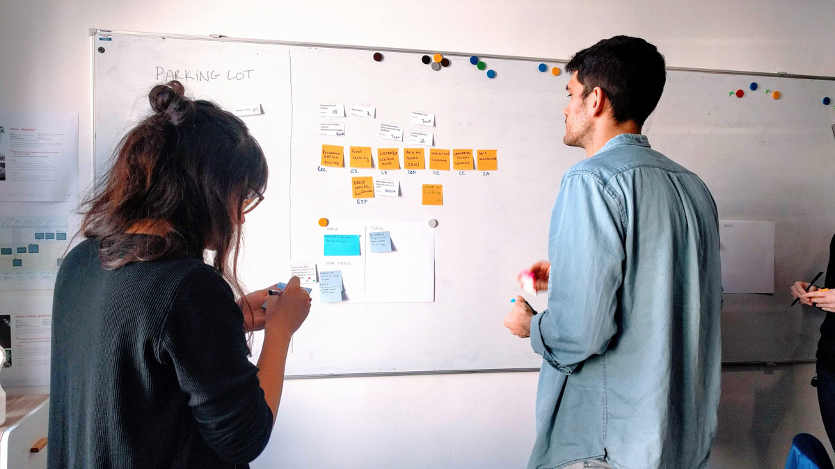 Workshop participants standing a front of a whiteboard filled with sticky notes