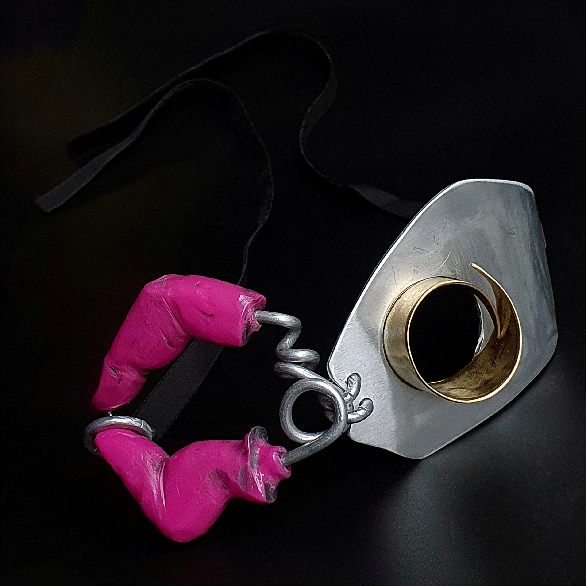 turn a blind eye AK contemporary jewelry necklace mask carved pink composite stone aluminum