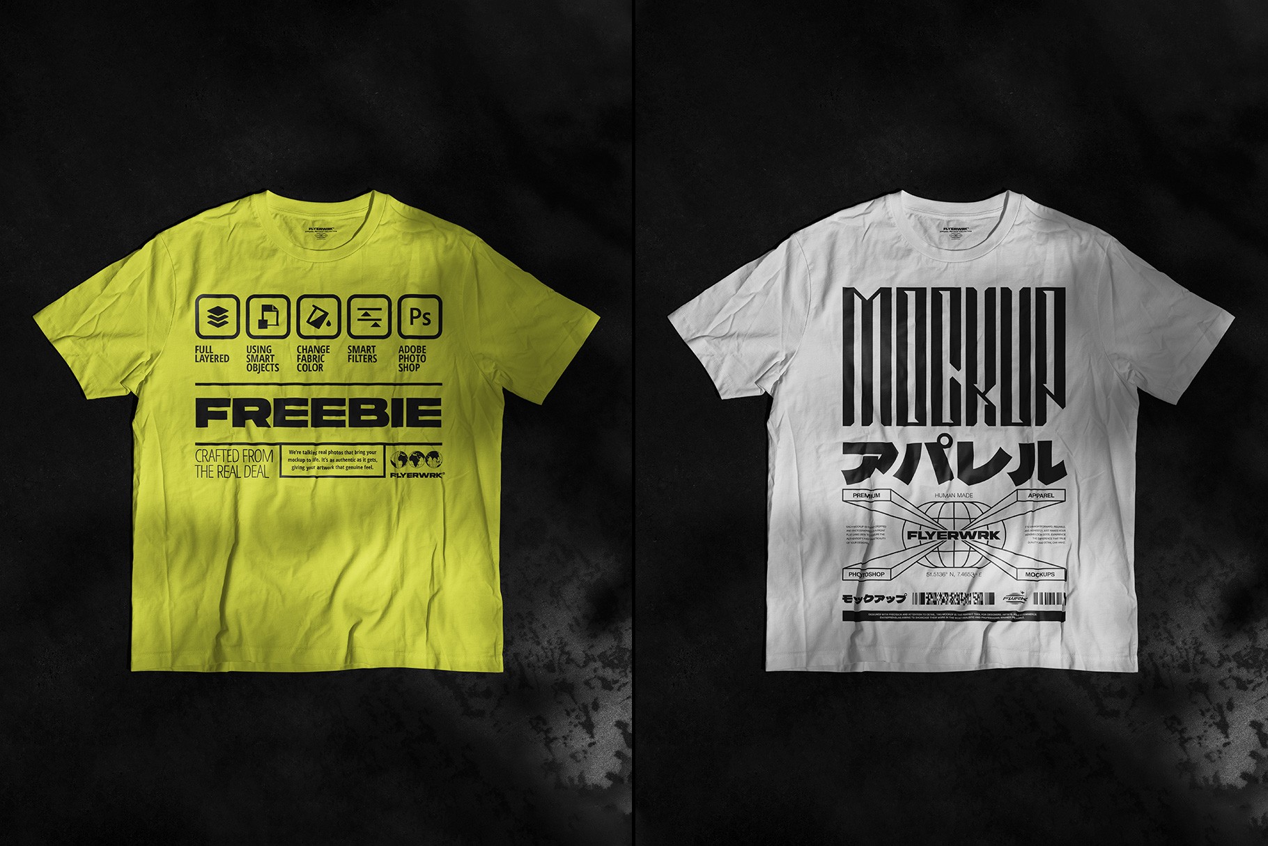 Flat lay view of the Wrinkled T-Shirt Mockup in white and yellow with realistic fabric folds