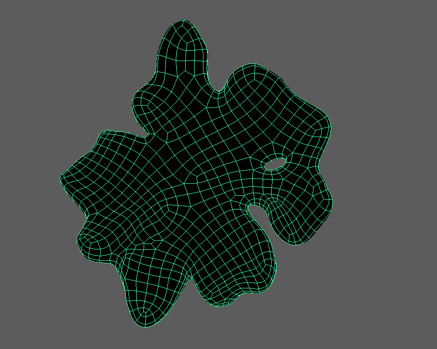 Wireframe view of a compact clustered organic form with multiple folded lobes.